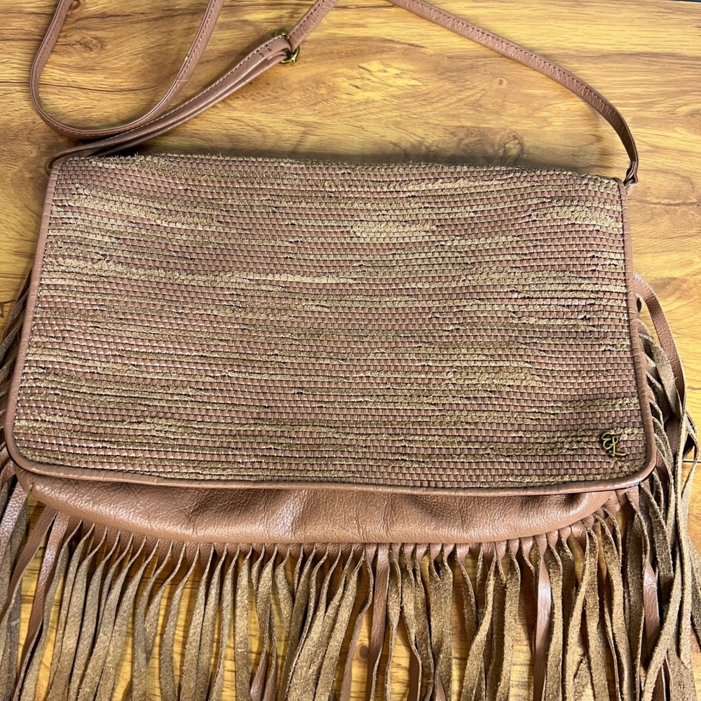 Elliott Lucca Fringe Crossbody Bag Woven Straw Leather Tan Boho Hippie - Picture 2 of 9